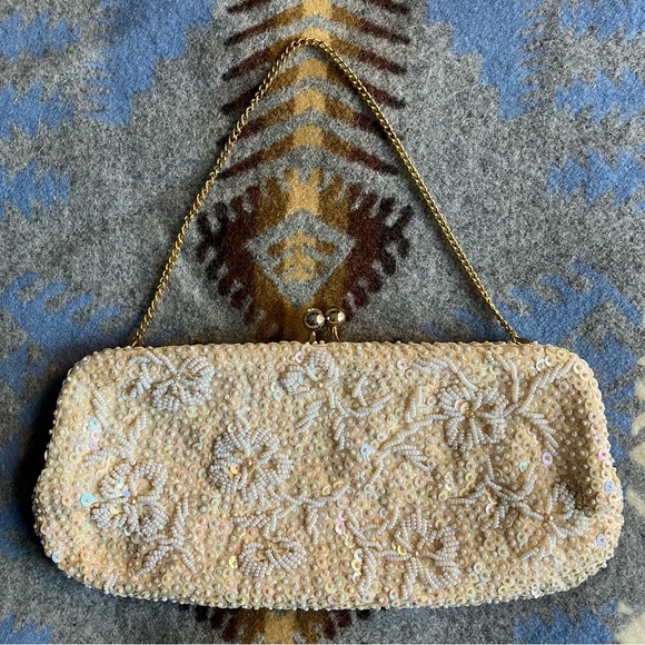 Vintage Handmade Pearl Micro-Beaded Sequined Clutch Evening Purse - Picture 8 of 9